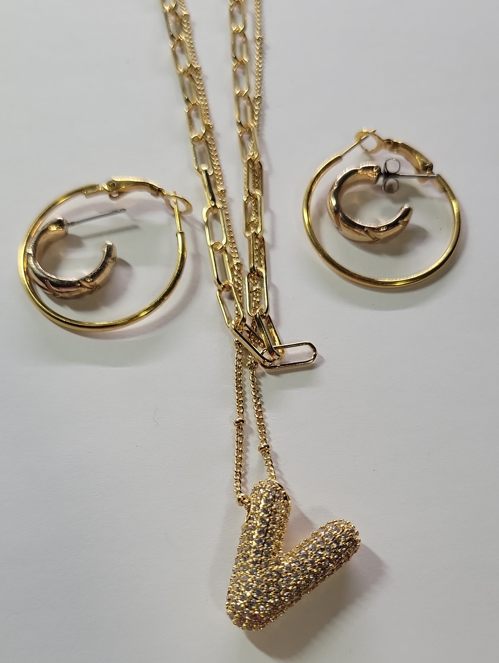Gold Tone Pavé V Pendant Necklace with Gold Tone Hoop Earrings